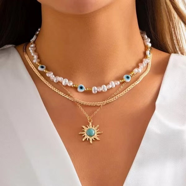 3pcs/set Sunflower Necklace Pearl Devil's Eye Beaded Collar Necklace