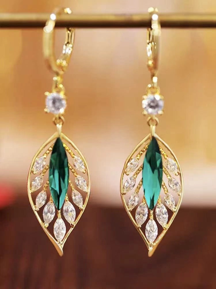 Vintage Green and Black Zirconia Leaf Earrings